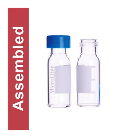 Cp Lab Safety. Wheaton MicroLiter Clear Screw Thread Vial Kit, Blue 9mm Cap, PTFE/Silicone Septa, 100pk 09-1230B-A